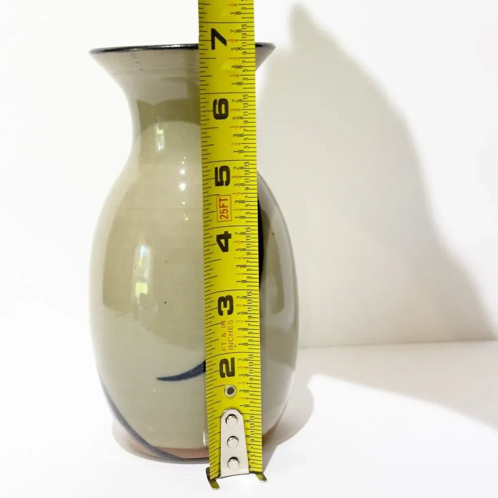 Hand Thrown Art Pottery Vase Green Black Iridescent Design Artist Signed 6.75